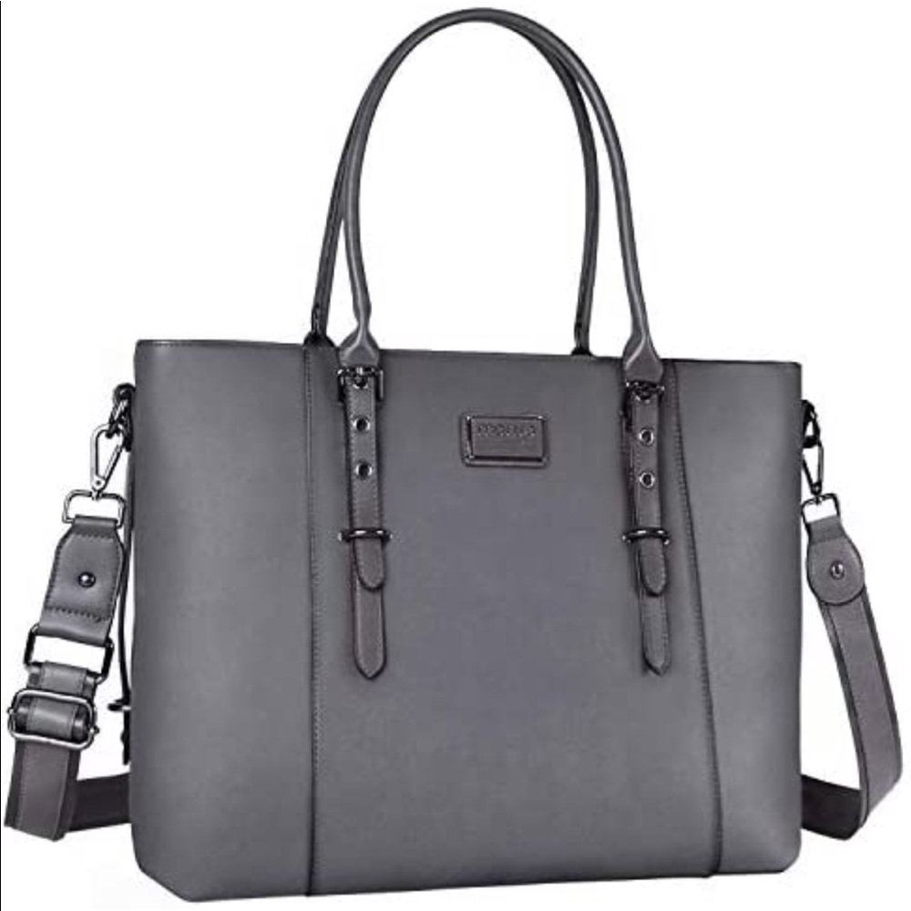 MOSISO PU Leather Laptop Tote Bag for Women Gray